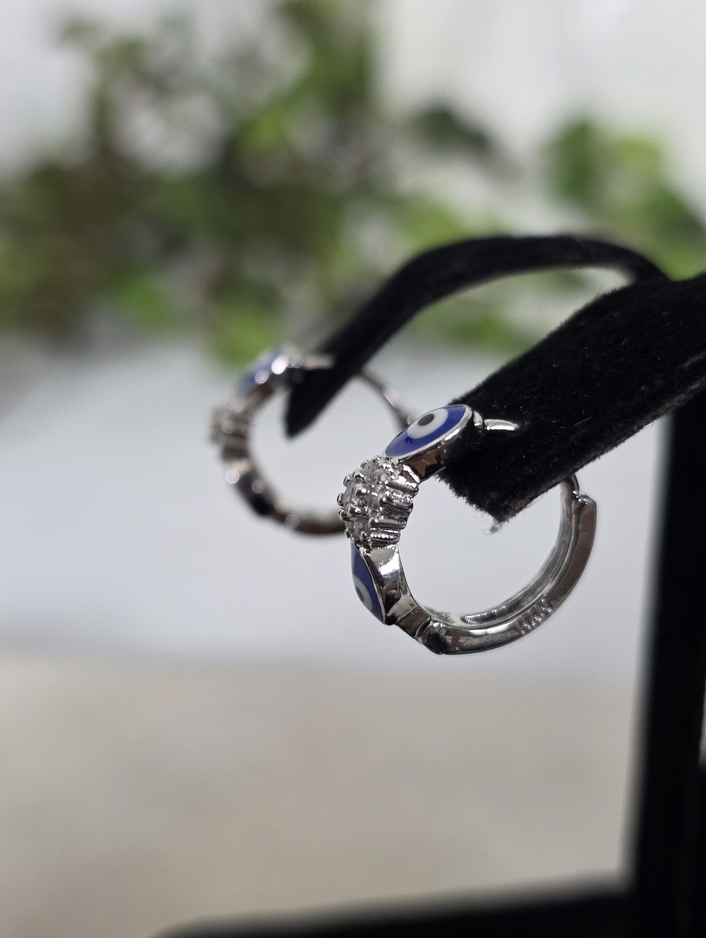 Silver Gold Filled Blue Evil Eye Huggie Hoop Earrings - Picture 5 of 9
